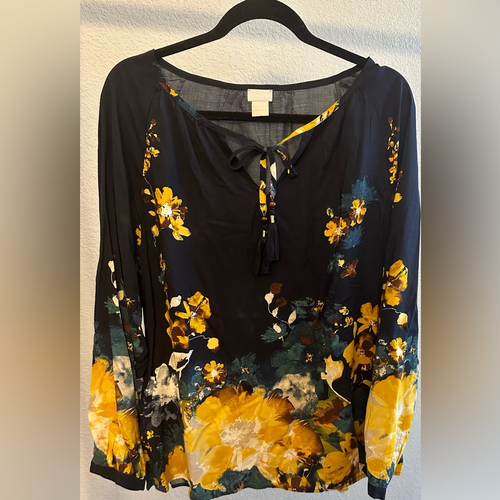 Chico’s boho floral blouse boho style tie neckline size XL  NWOT